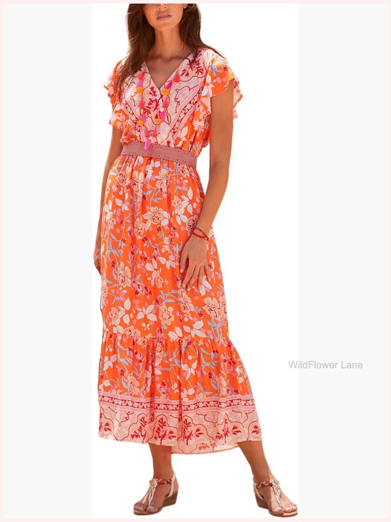 Floral V-Neck Maxi Dress With Surplice Neckline And Flutter Sleeves